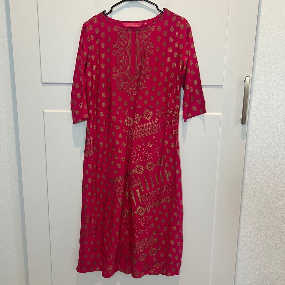Anubhutee Dress‎ Women's M Pink Gold Print Indian Tunic Kurti Bohemian Festival